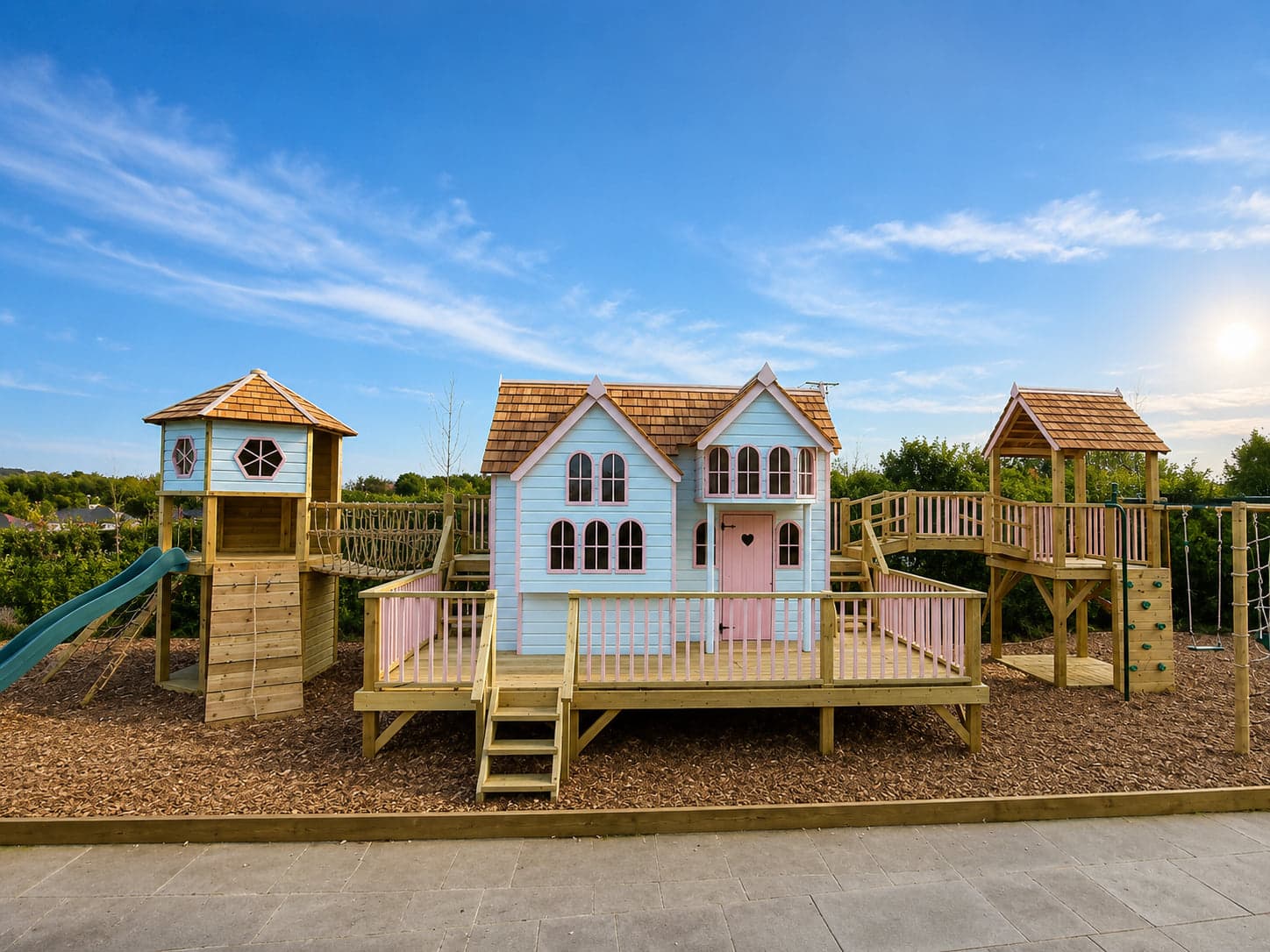 A blue and pink two-storey manor playhouse on a wide deck, flanked by two cedar-roofed towers linked by rope bridges, with a green slide